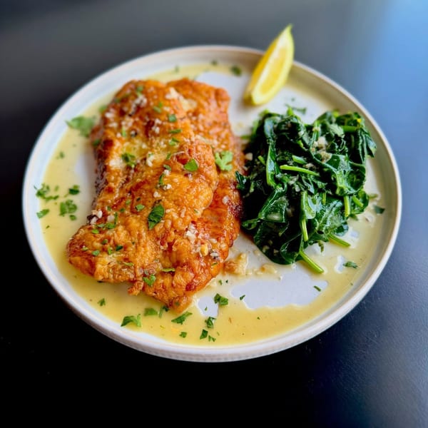 Golden-fried chicken cutlets with lemon-garlic sauce, sautéed spinach, and a lemon wedge on a white plate.